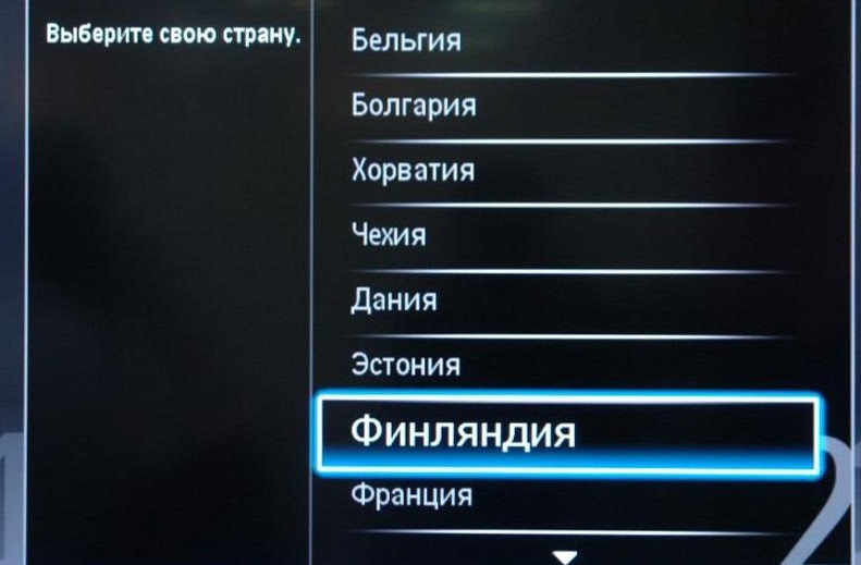 Выбор страны на телевизоре Philips